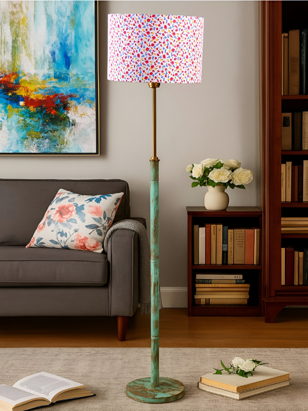 Devansh White & Green Floral Printed Cylinder Shaped Floor Lamp