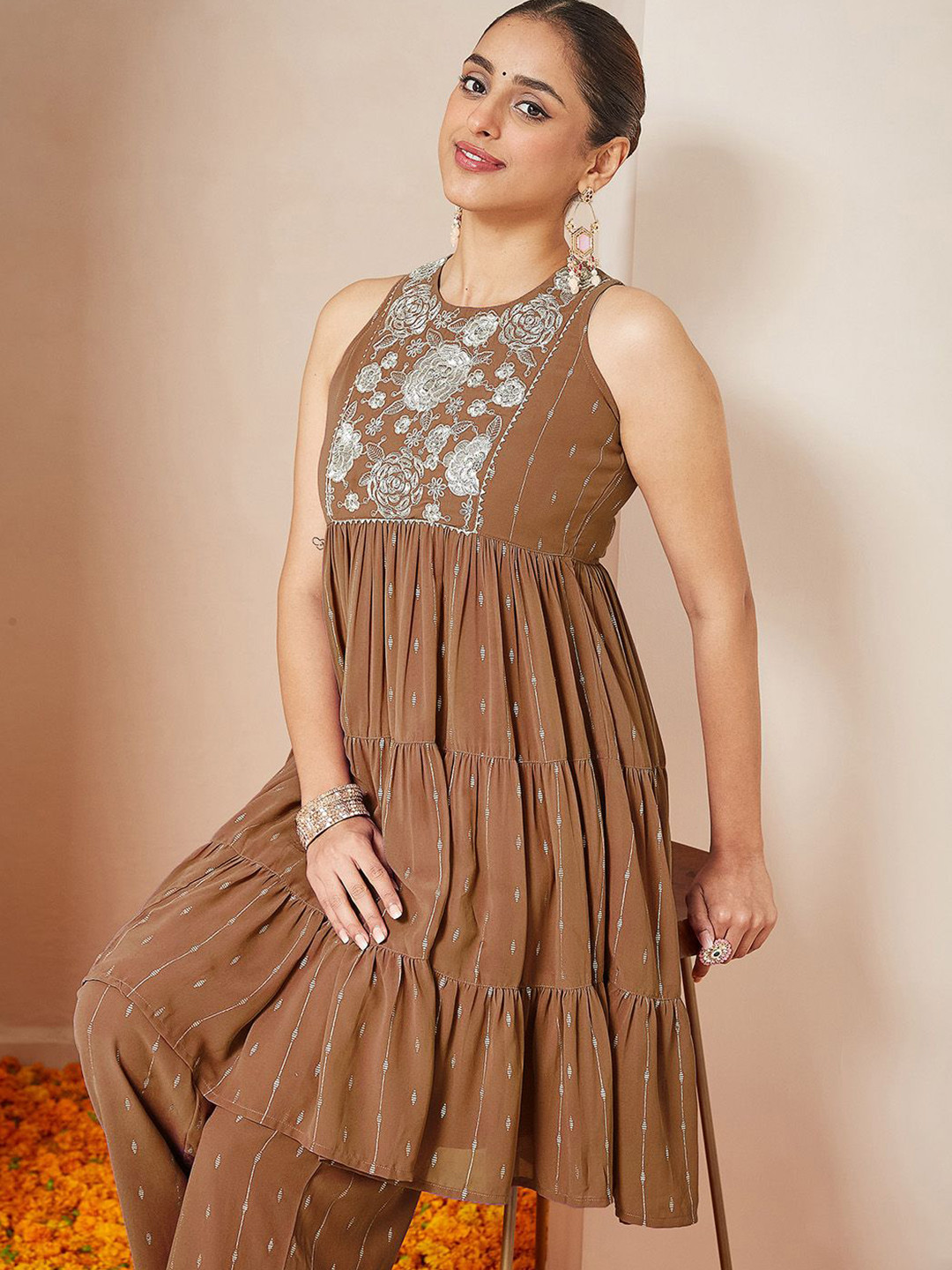 Janasya Women Brown Georgette Floral Embellished Sequinned Tiered Kurti With Palazzo