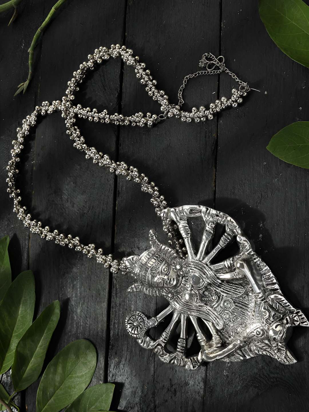 JOHARKAMAL Silver-Plated Ghungroo Beaded Kali Mata Necklace With Earrings