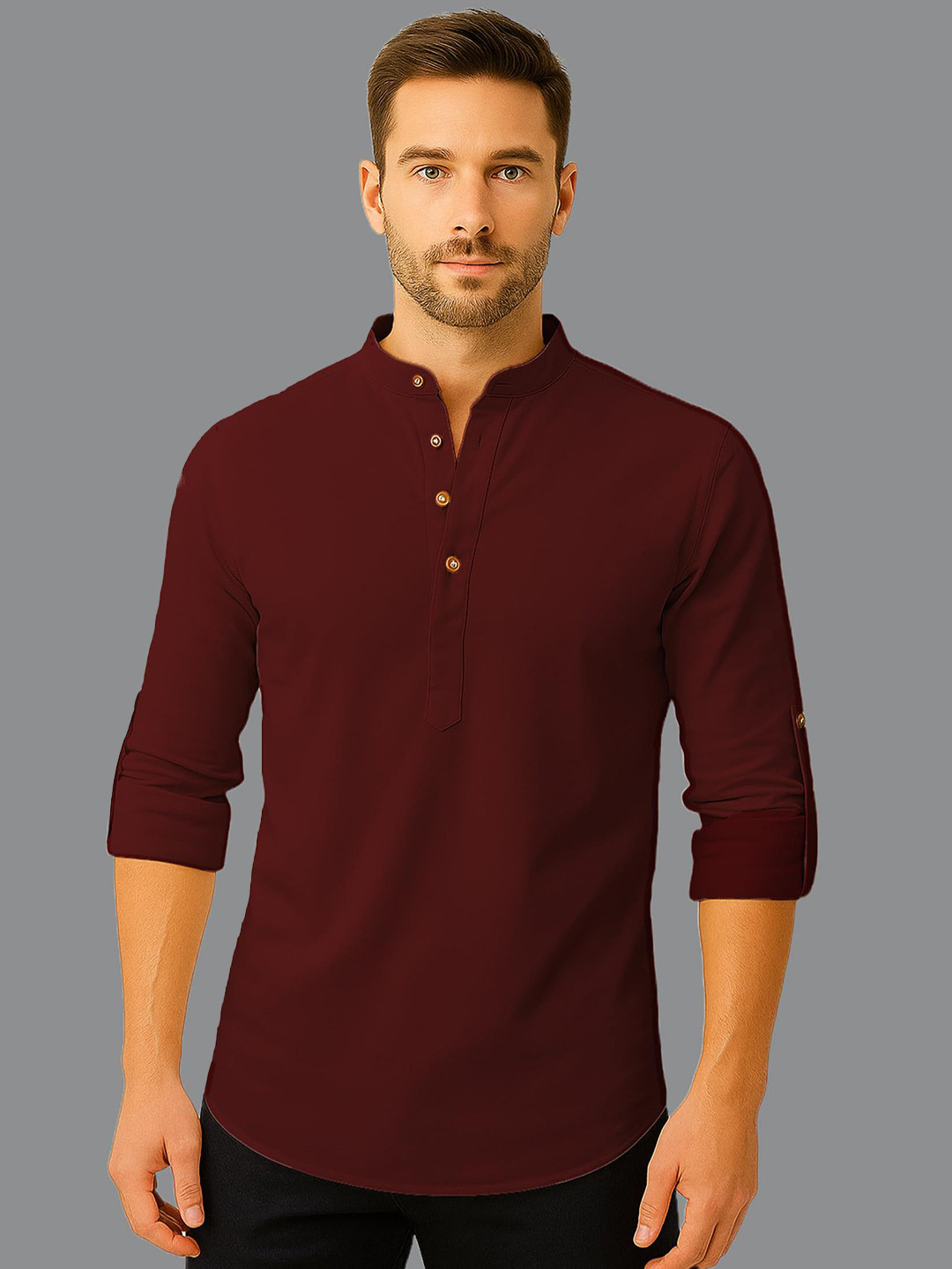 KNOWTED Mandarin Collar Roll-Up Sleeves Pure Cotton Kurta