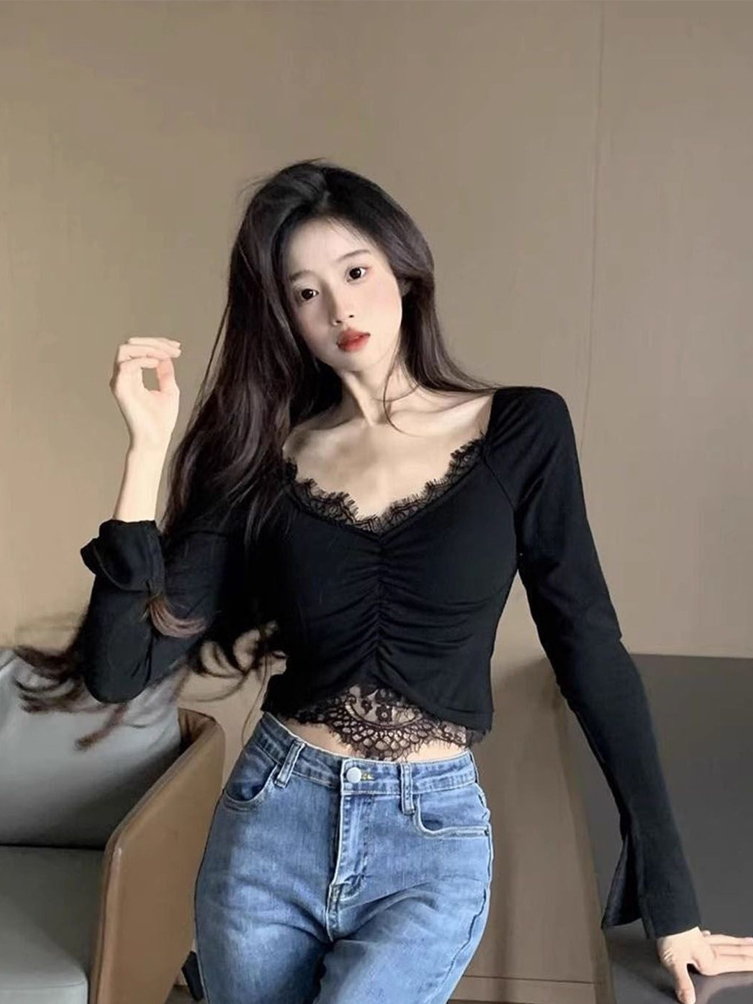 StyleCast Women Lace Insert V-Neck Long Sleeve Crop Top