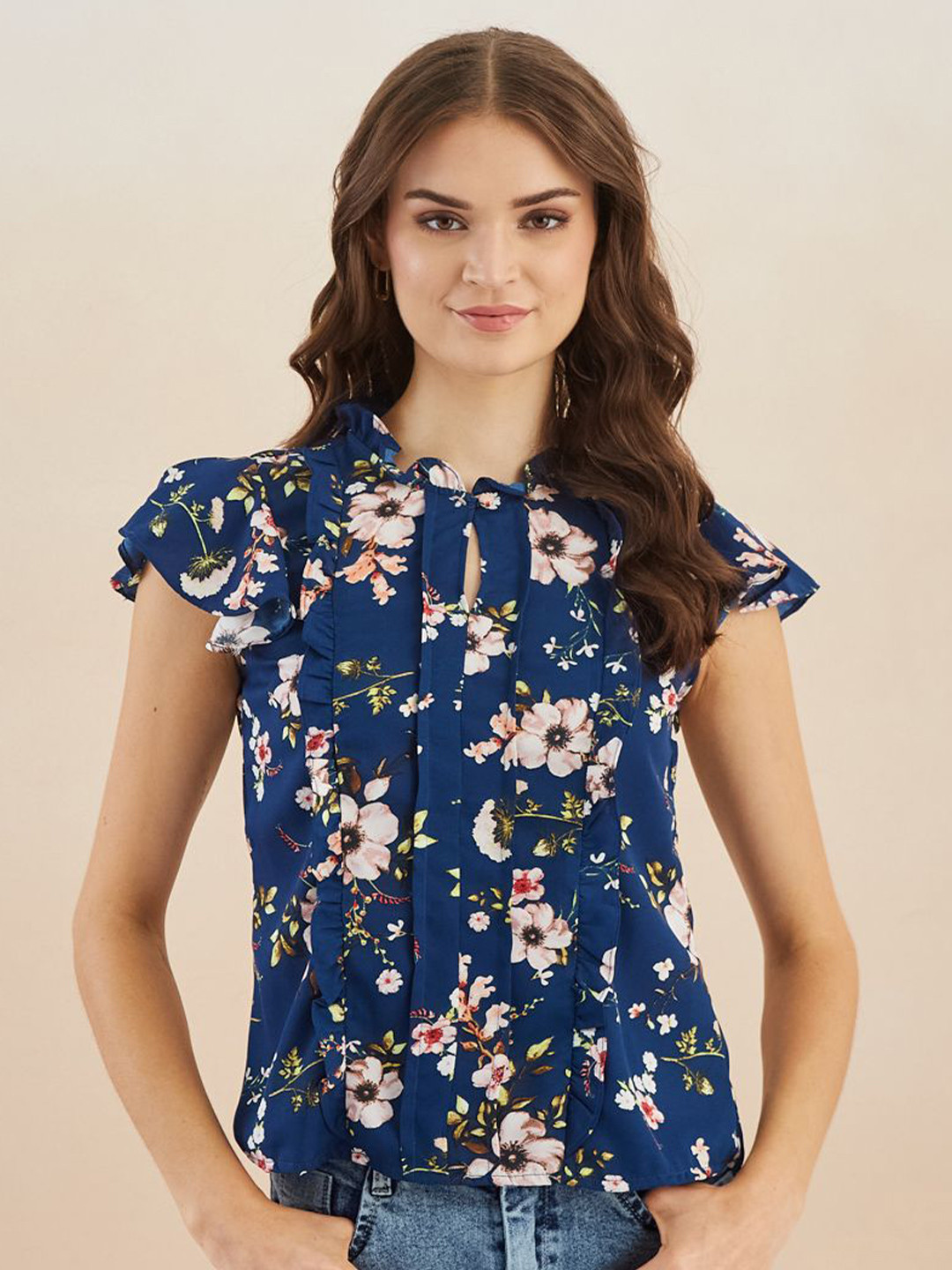 Latin Quarters Floral Printed Ruffle Flutter Sleeve Top