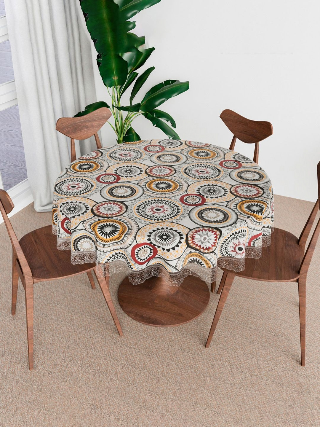 Aura White & Green Rangoli Design Anti-Skid Round 4 Seater Table Cover