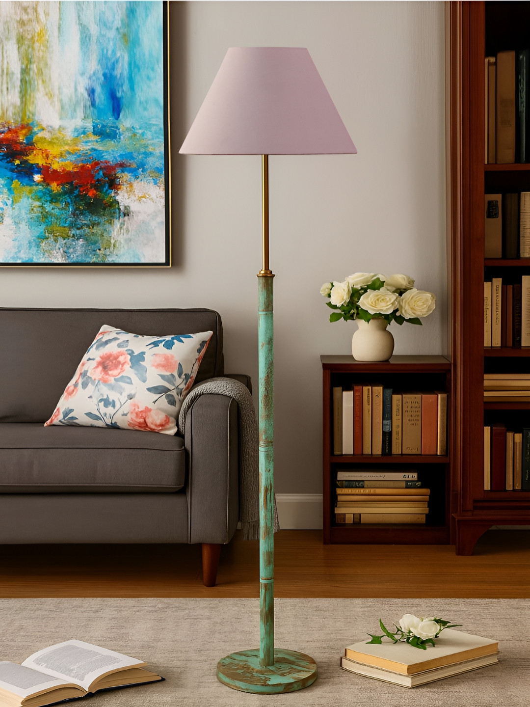 Devansh Grey & Green Textured Frustum Shaped Drum Shade Floor Lamp