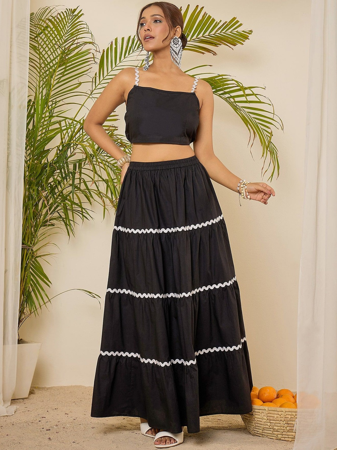 WineRed Lace Detailing Square Neck Pure Cotton Crop Top With Skirt