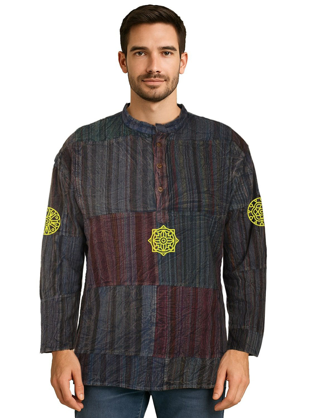 Sanaatani Striped Thread Work Mandarin Collar Short Kurta