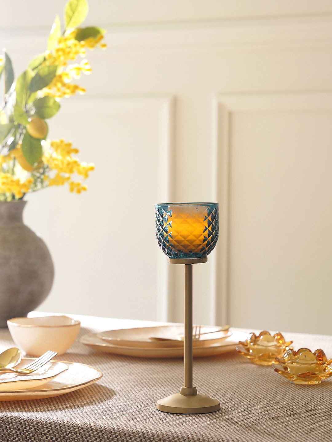 Pure Home and Living Blue & Gold Toned Diamond Textured Candle Holder with Stand