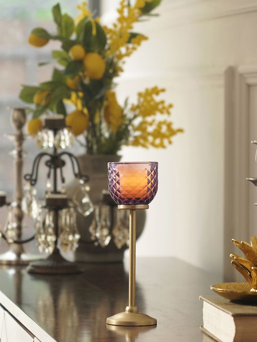 Pure Home and Living Purple & Gold Toned Swirl Textured Candle Holder with Stand