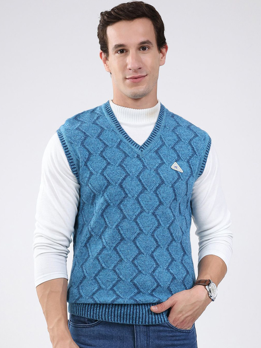 Monte Carlo Men Geometric Self Design V Neck Sleeveless Woolen Pullover