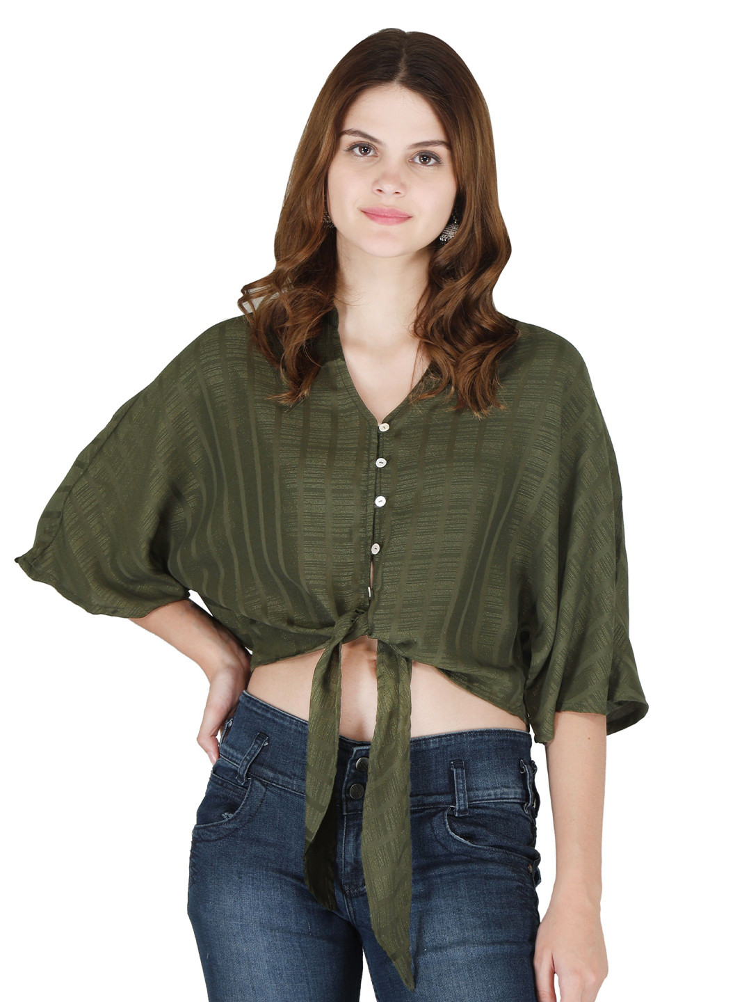 G0-4 IT Women Shirt Collar Tie Knot Shirt Style Crop Top