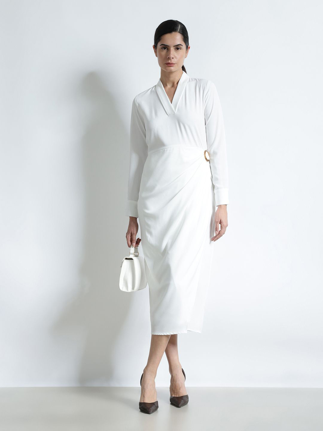 FableStreet Women Ruched V-Neck Long Sleeves Midi Dress - White