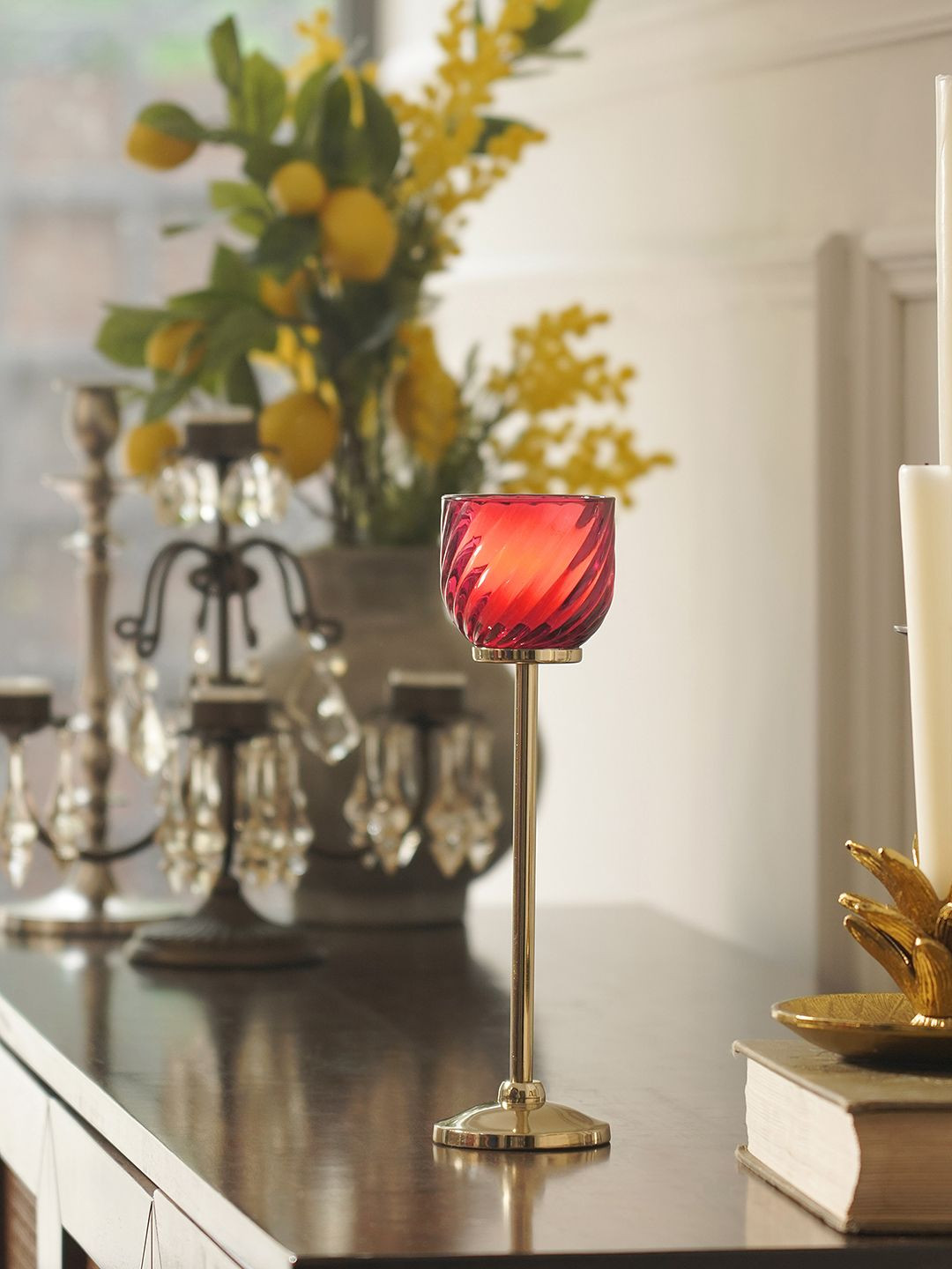 Pure Home and Living Pink & Gold Toned Swirl Textured Candle Holder With Stand