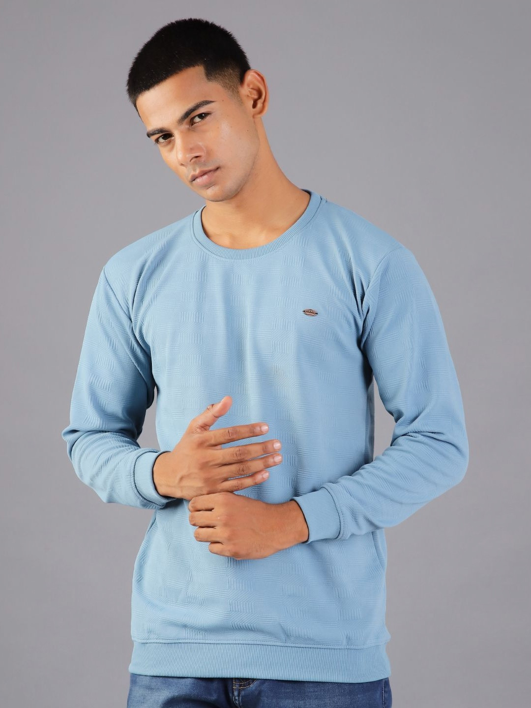 V-Mart Men Self Design Round Neck Pullover Fancy Cotton Casual Sweatshirt