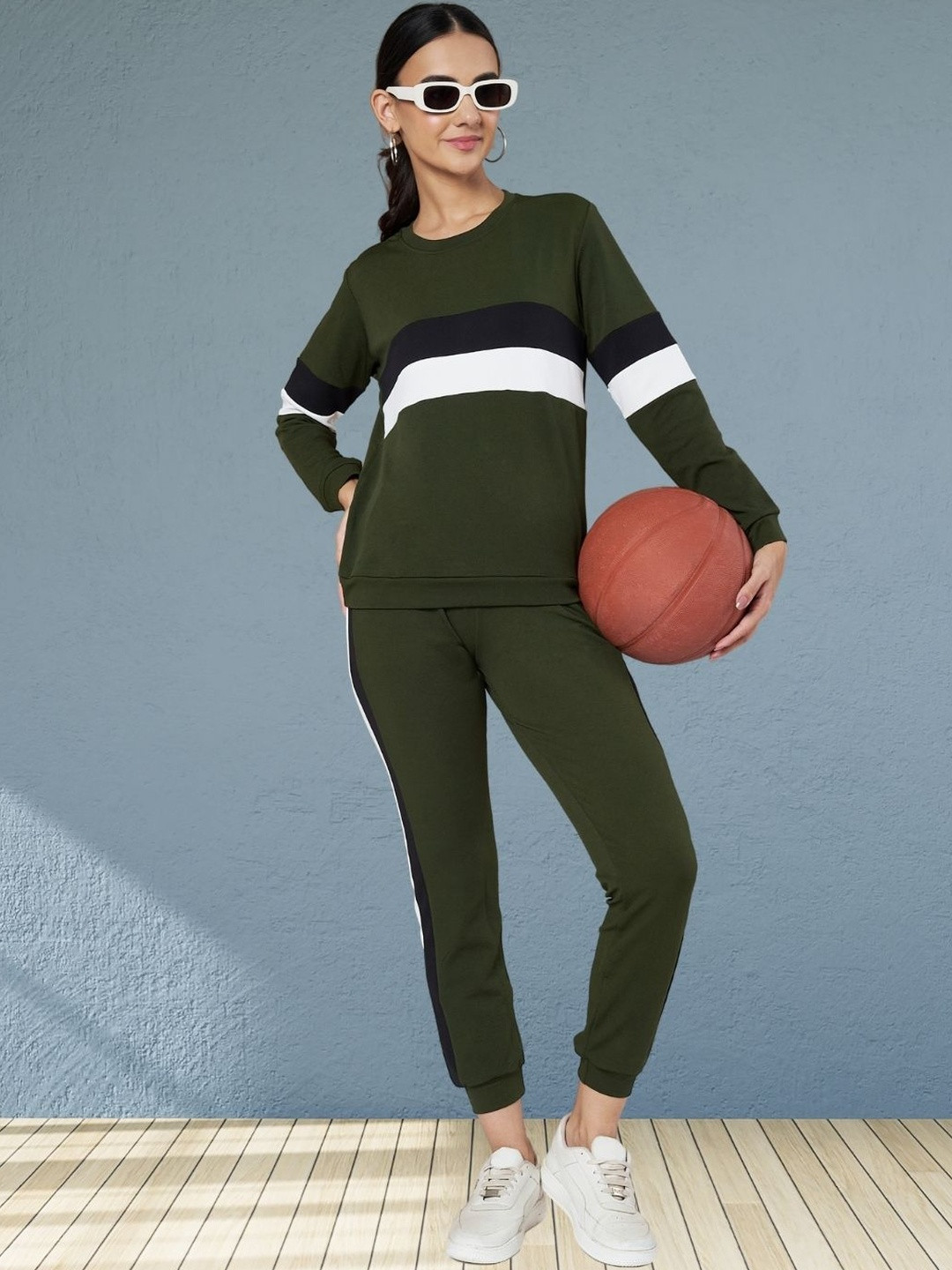 Moda Rapido Women Green Cotton Lycra Blend Styled With Front Taped Tracksuit