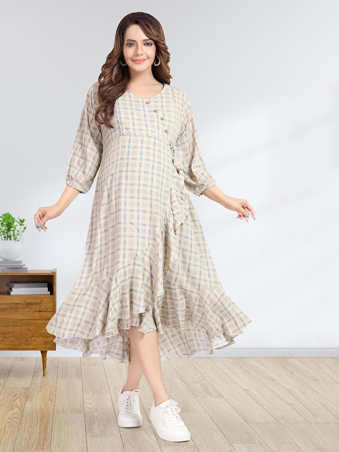 MomsBae Checked Tie-Ups & Ruffles Puff Sleeve Wrap Midi Dress