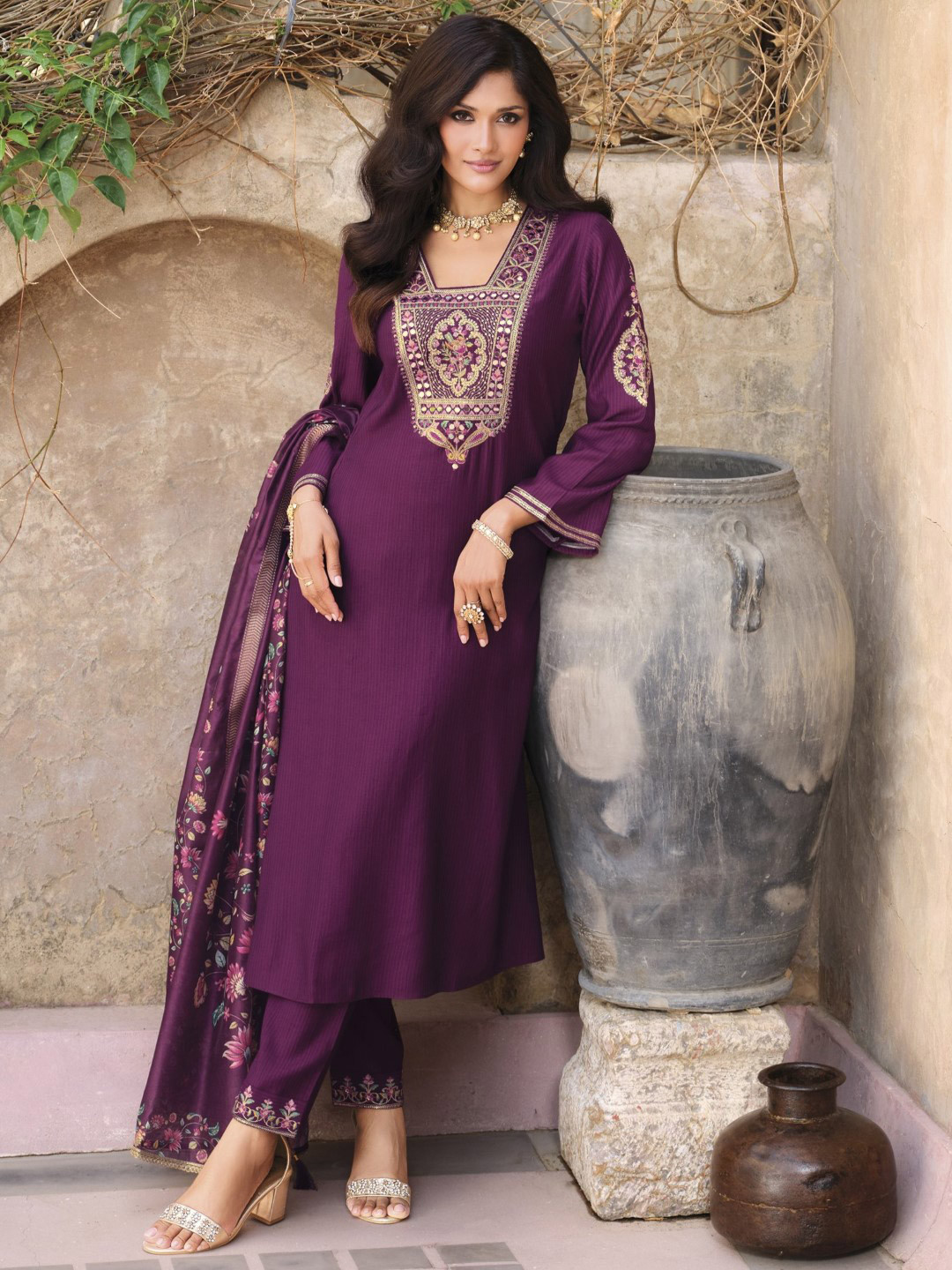 AUTUMN LANE Falaknama Orchid Floral Yoke Design Pure Cotton Kurta With Trousers & Dupatta