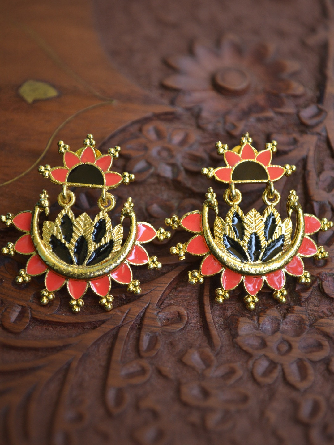 SHREEVARAM Floral Meenakari Handcrafted Gold Plated Dangler Stud Earrings