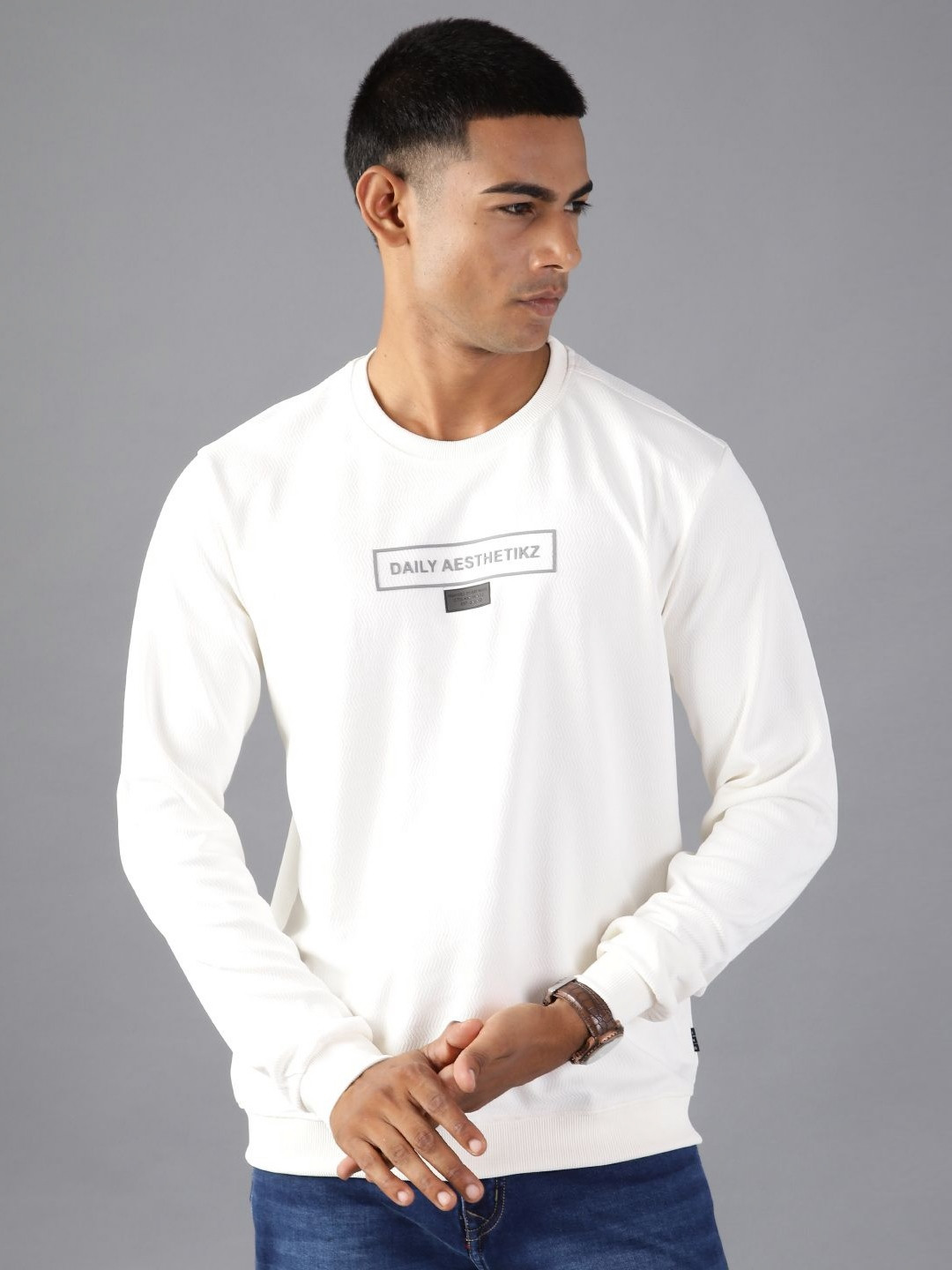 V-Mart Men Self Design Interlock Round Neck Sweatshirt