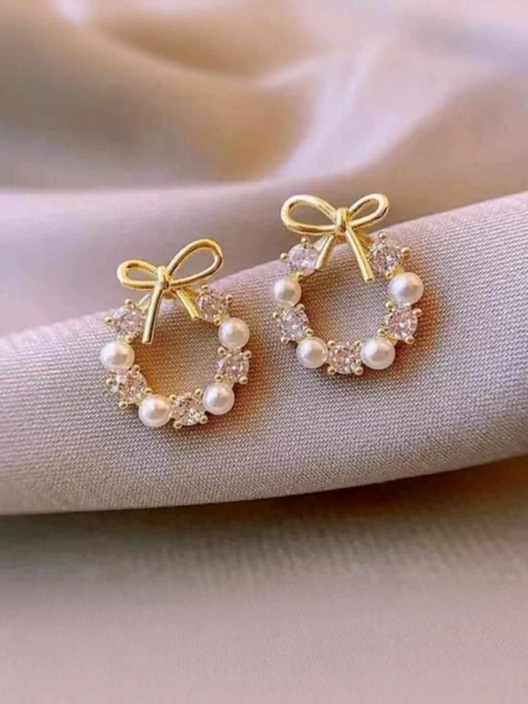 DN Creation Set Of 2 Sterling Silver Gold-Plated Pearls Beaded Korea Bowknot Studs