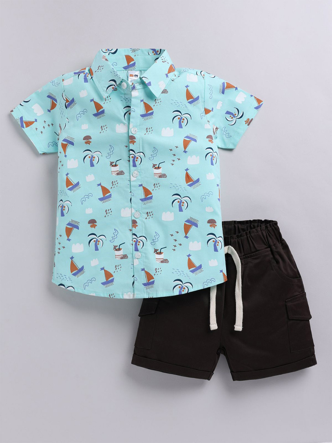 LITTLE NINJA Boys Printed Short Sleeves Pure Cotton Shirt With Shorts