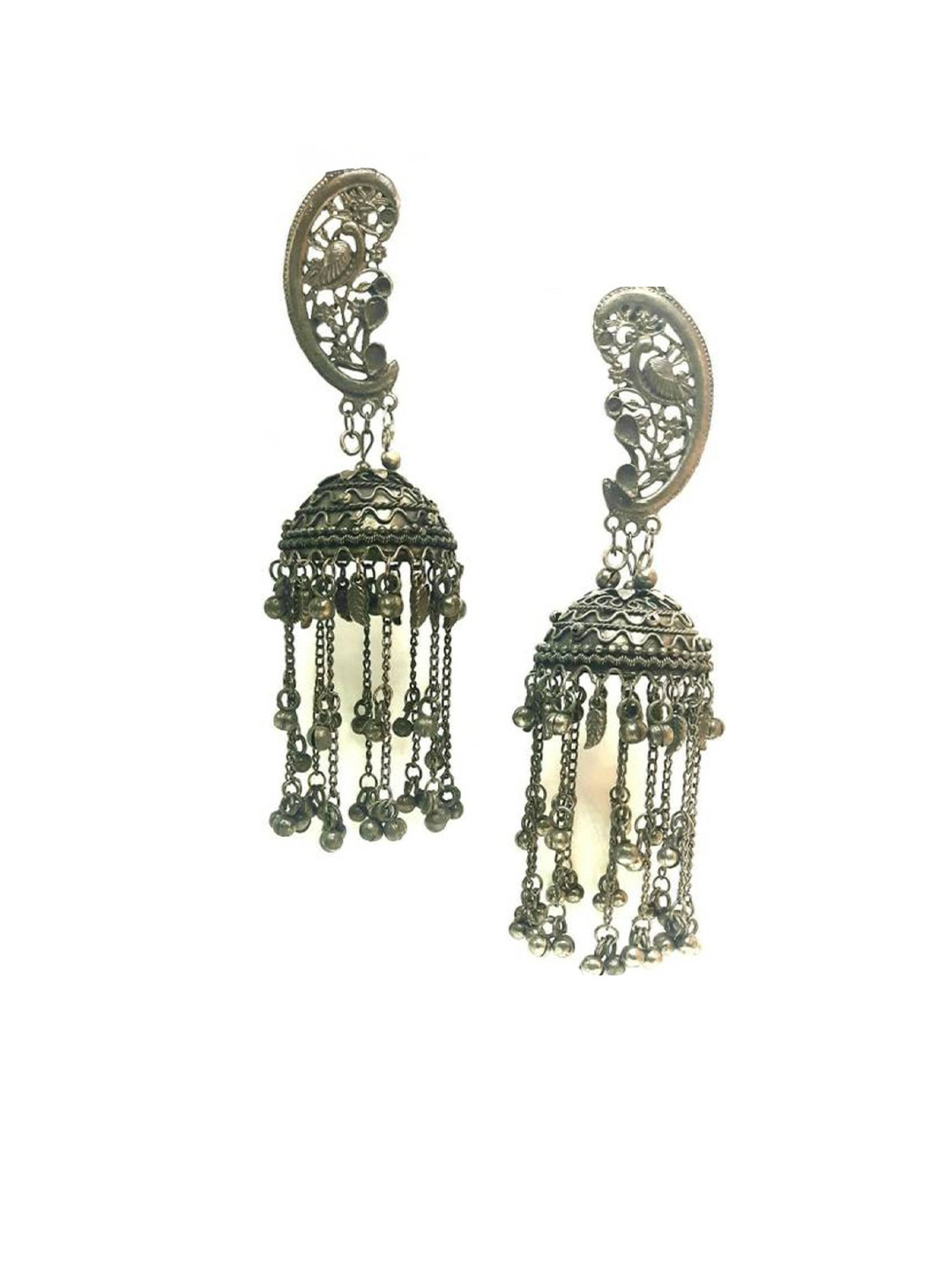 Just In Jewellery Stainless Steel Silver-Plated Ghungroo Beaded Dome Shaped Jhumkas