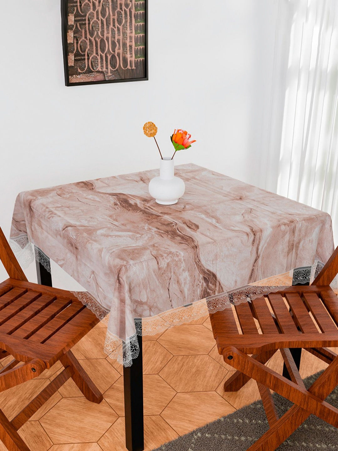 Aura Brown & White Marble Design Anti-Skid Rectangle 4 Seater Table Cover