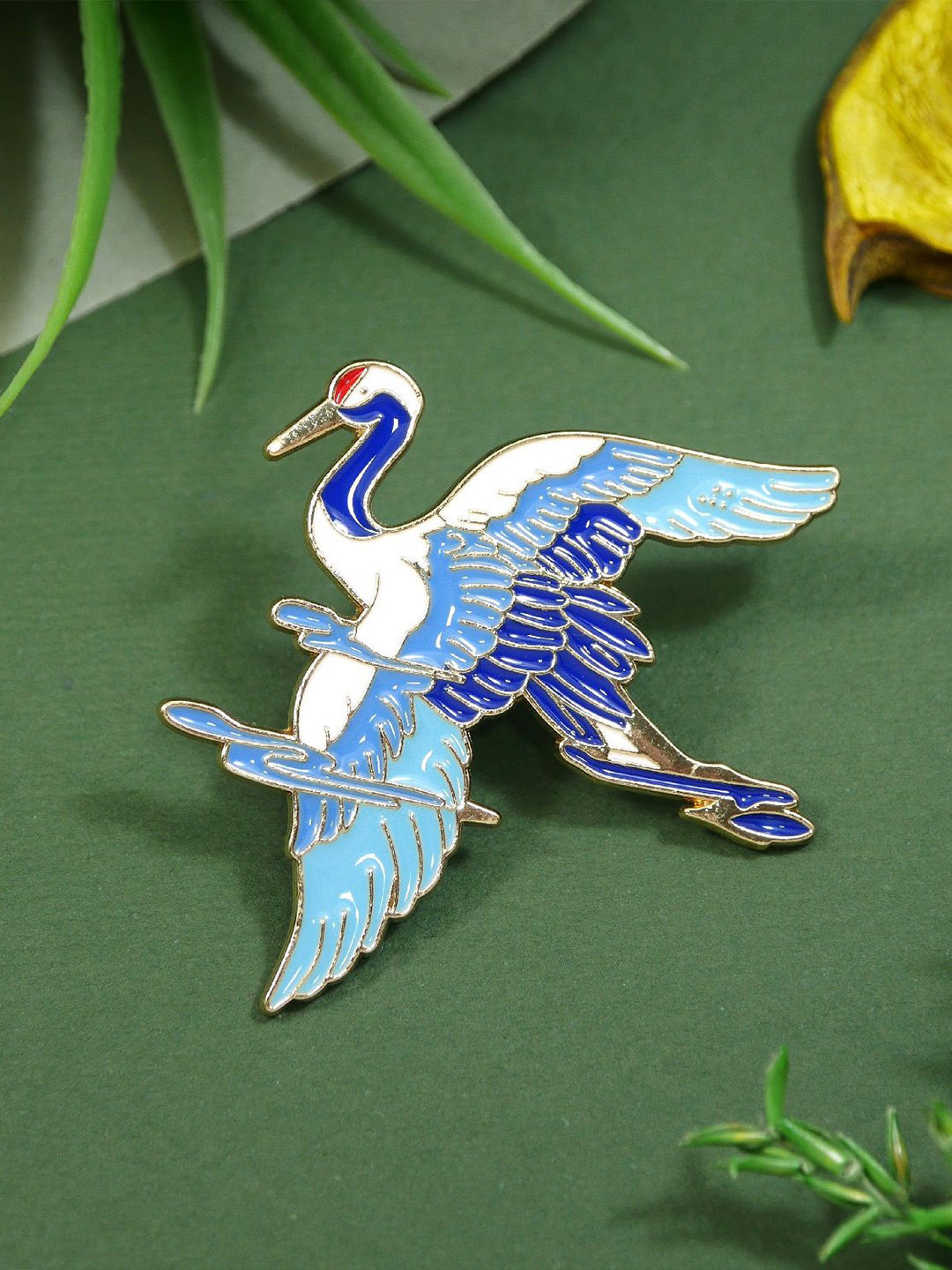 ADORN Unisex Blue & White Crane Bird Enamelled Statement Brooch