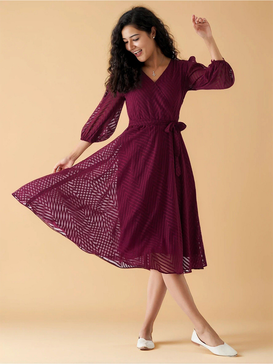 AASK Women Wine Self Design Crepe Fit & Flare Calf Length Dress