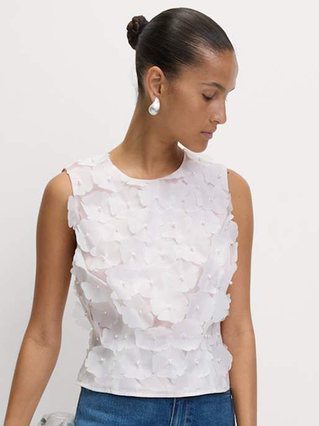 Marks & Spencer Women Round Neck Sleeveless Floral Applique Top