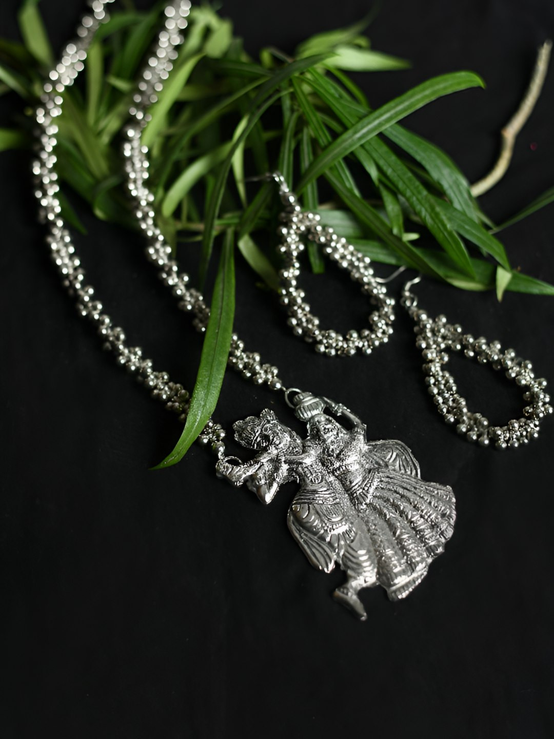 JOHARKAMAL Silver-Plated Ghungroo Beaded Temple Long Necklace And Earrings