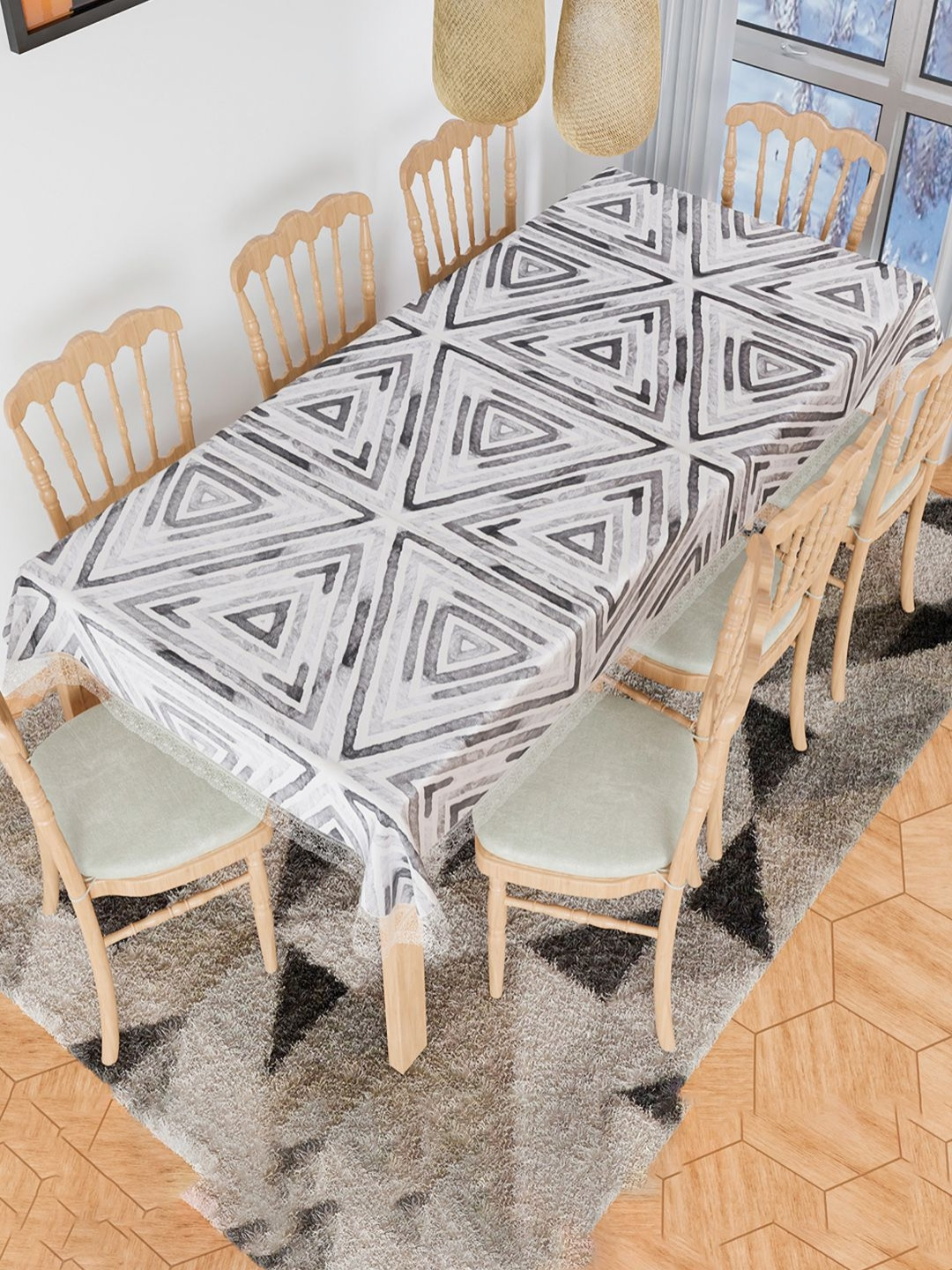 Aura Grey & White Triangle Anti-Skid Rectangle 8  Seater Table Cover