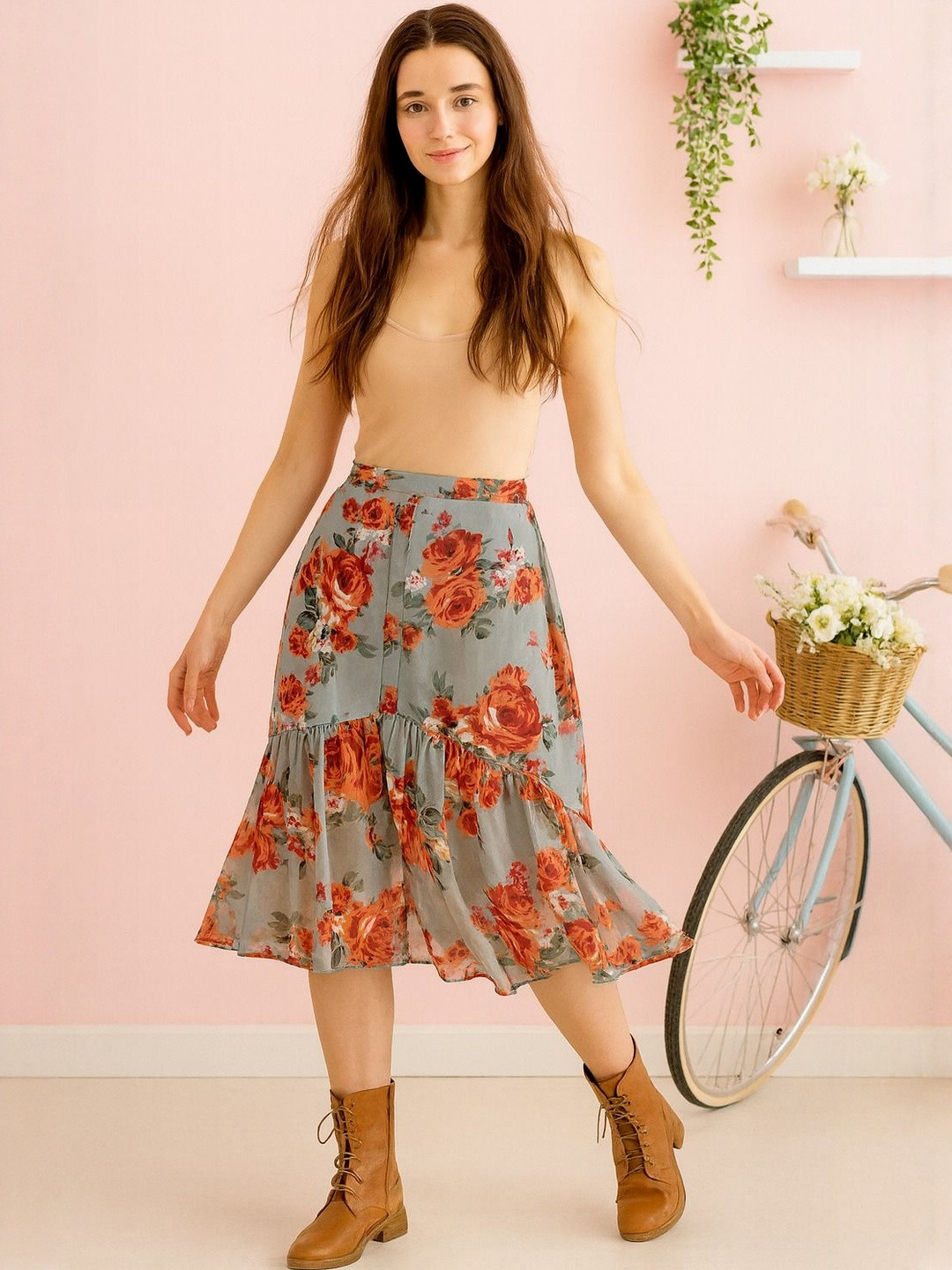 HERE&NOW Women Floral Printed Tiered Asymmetrical Midi Skirt with Frills