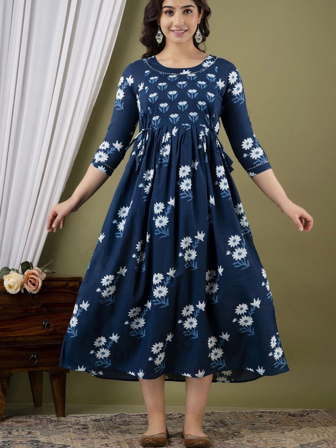 TASLIM Women Floral Printed Cotton Maternity Midi Dress