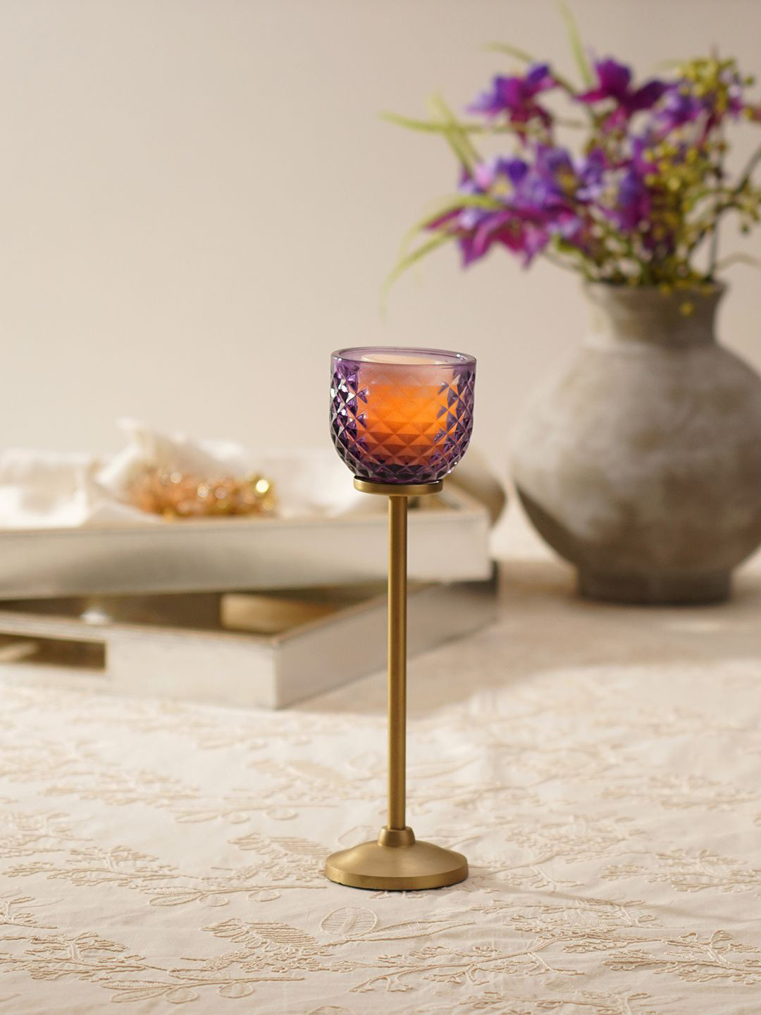 Pure Home and Living Purple & Gold-Toned Diamond Texture Candle Holder