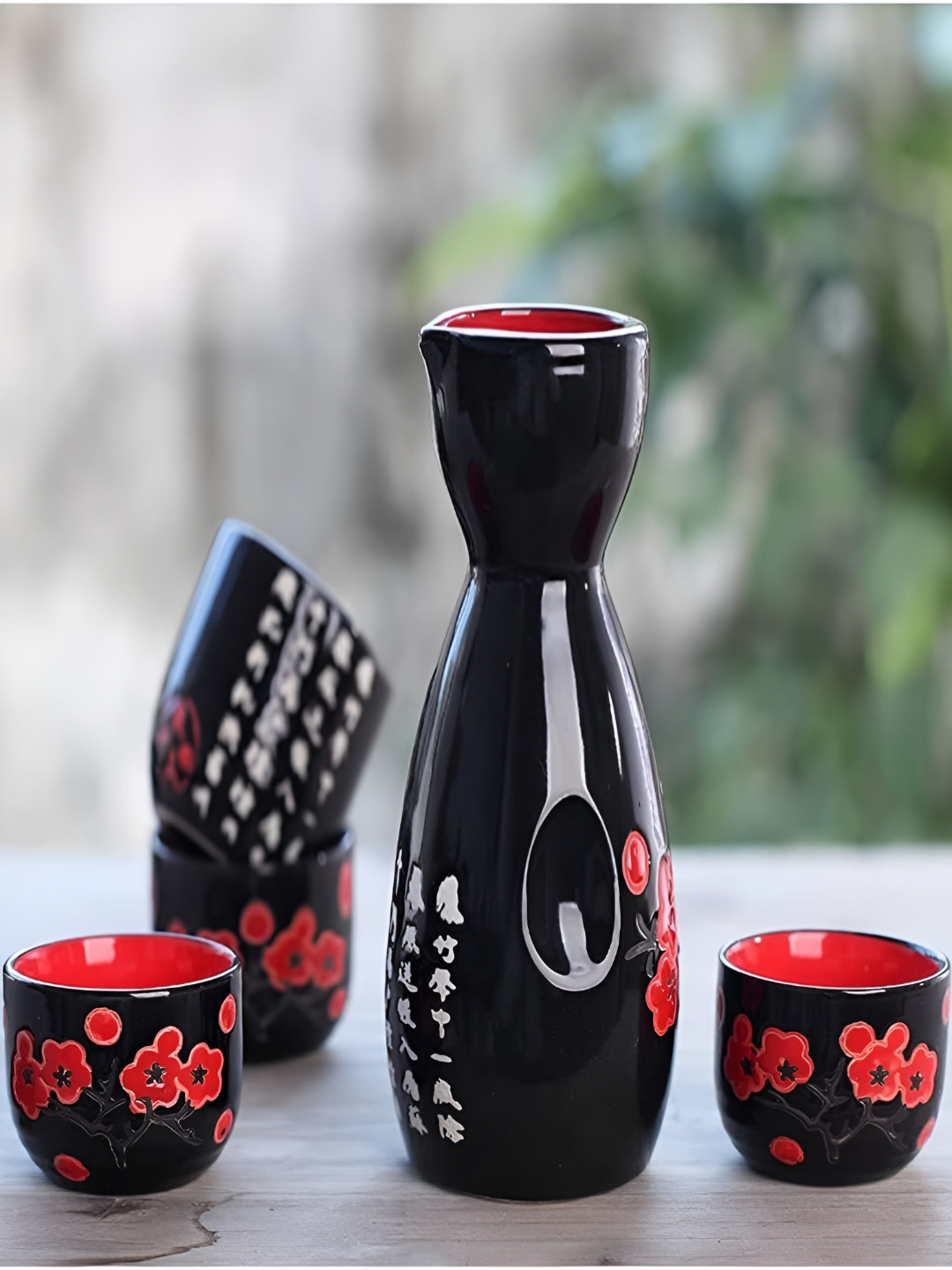 MELBIFY Black & Red 5 Pieces Floral Printed Easy To Clean Ceramic Glossy Cups And Mugs