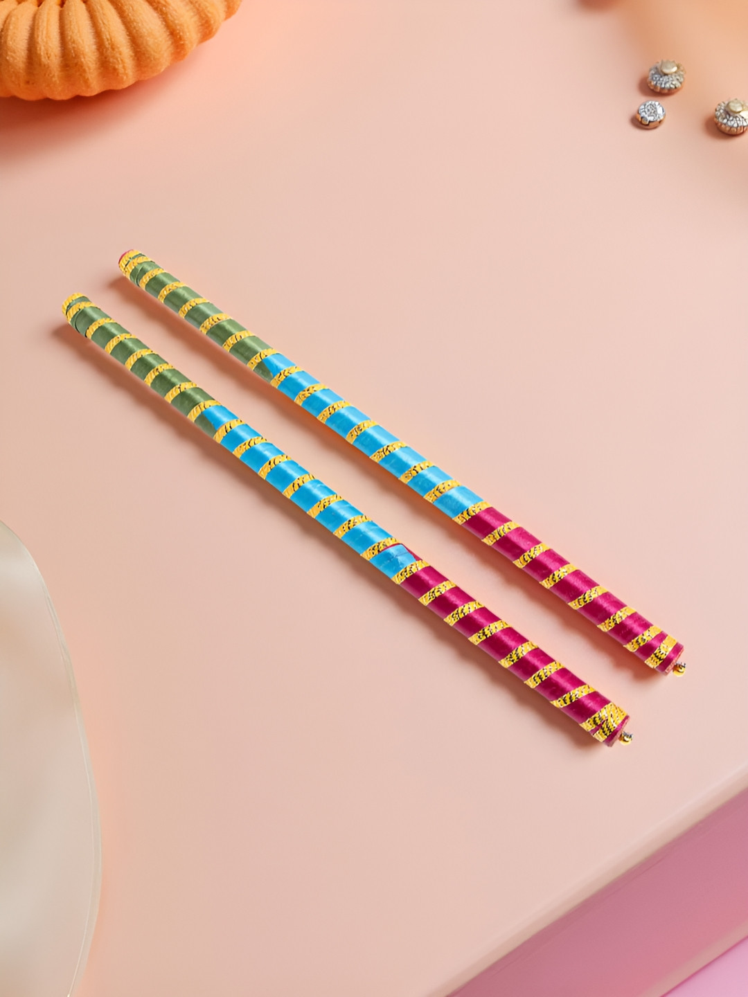 Golden Peacock Set Of 2 Dandiya Sticks With Satin Wrap