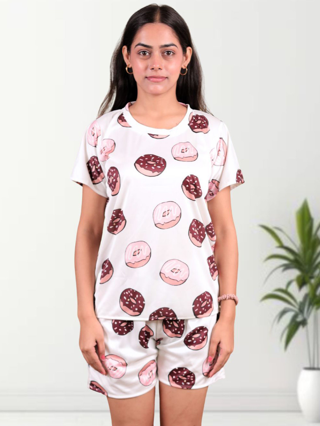 Untamed Clothing Women Donut Printed Satin Night suit