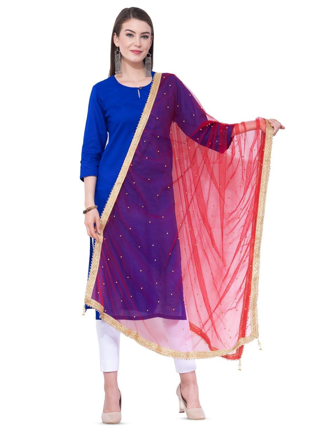 A R SILK DUPATTA HUB Polka Dots Embroidered Beads And Stones Net Dupatta