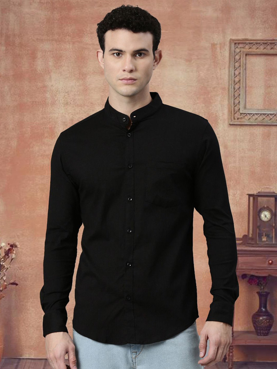 WHITE HEART Men Modern Fit Solid Mandarin Collar Cotton Casual Shirt