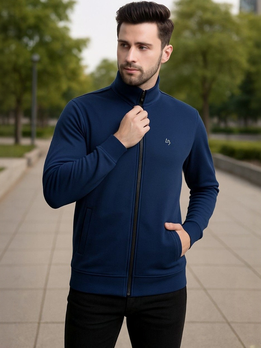 LEE BONEE Men Navy Blue Solid With Mock Collar Jacket