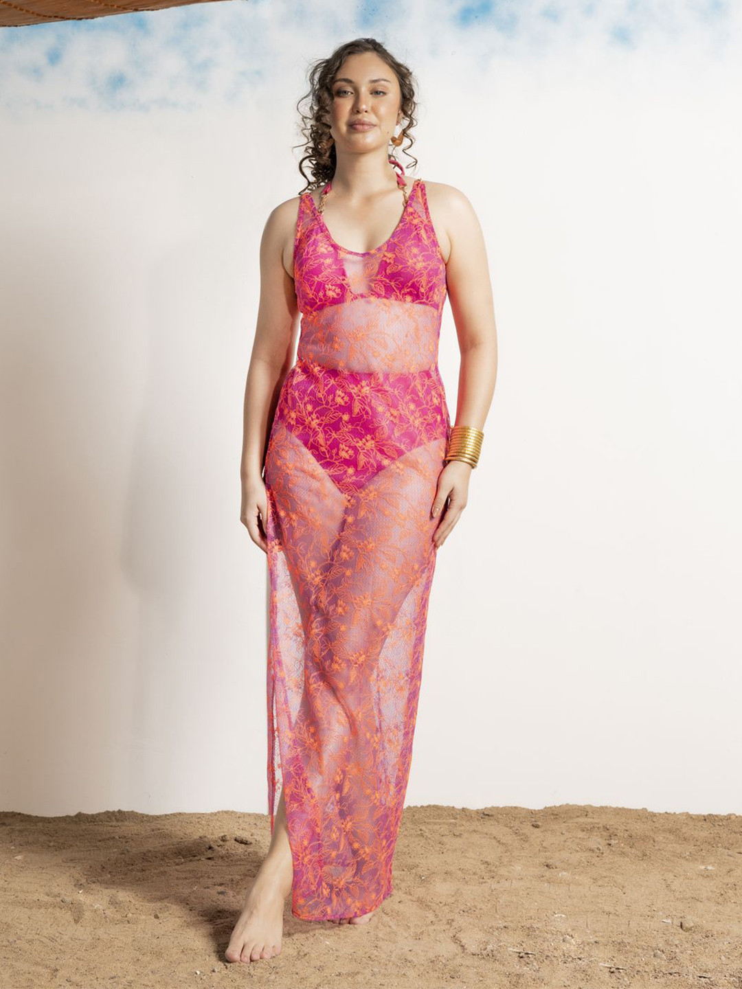 Aoba Purple & Neon Orange Lace Wrap Beachwear Dress