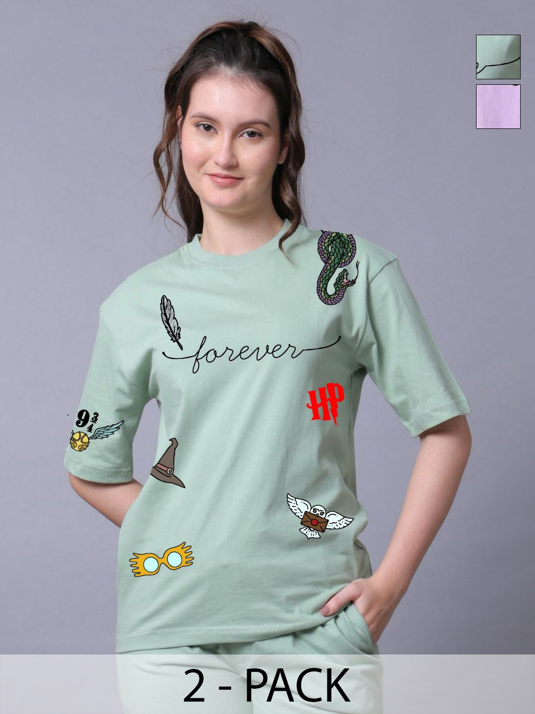 Lazy Lush Unisex Pack Of 2 Harry Potter Graphic Printed Cotton T-shirts