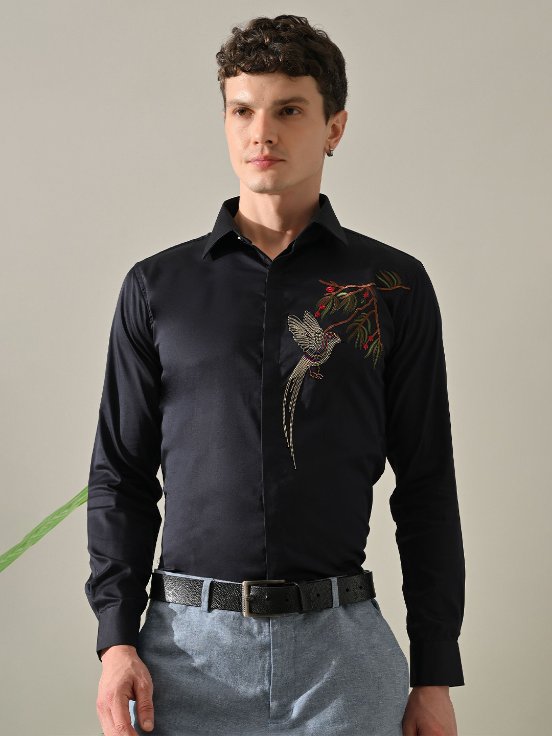 DESIGN UP Men Standard Slim Fit Floral Printed Spread Collar Party Shirt
