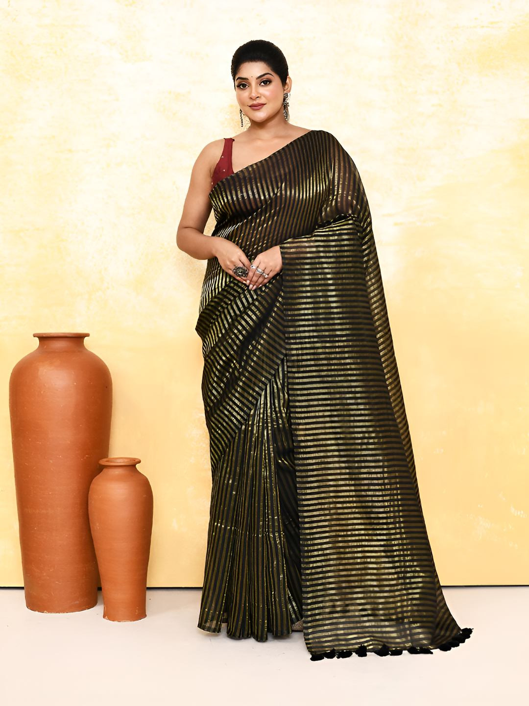 Ruuprekha Striped Sequinned Pure Cotton Golden Stripe Design Khadi Saree