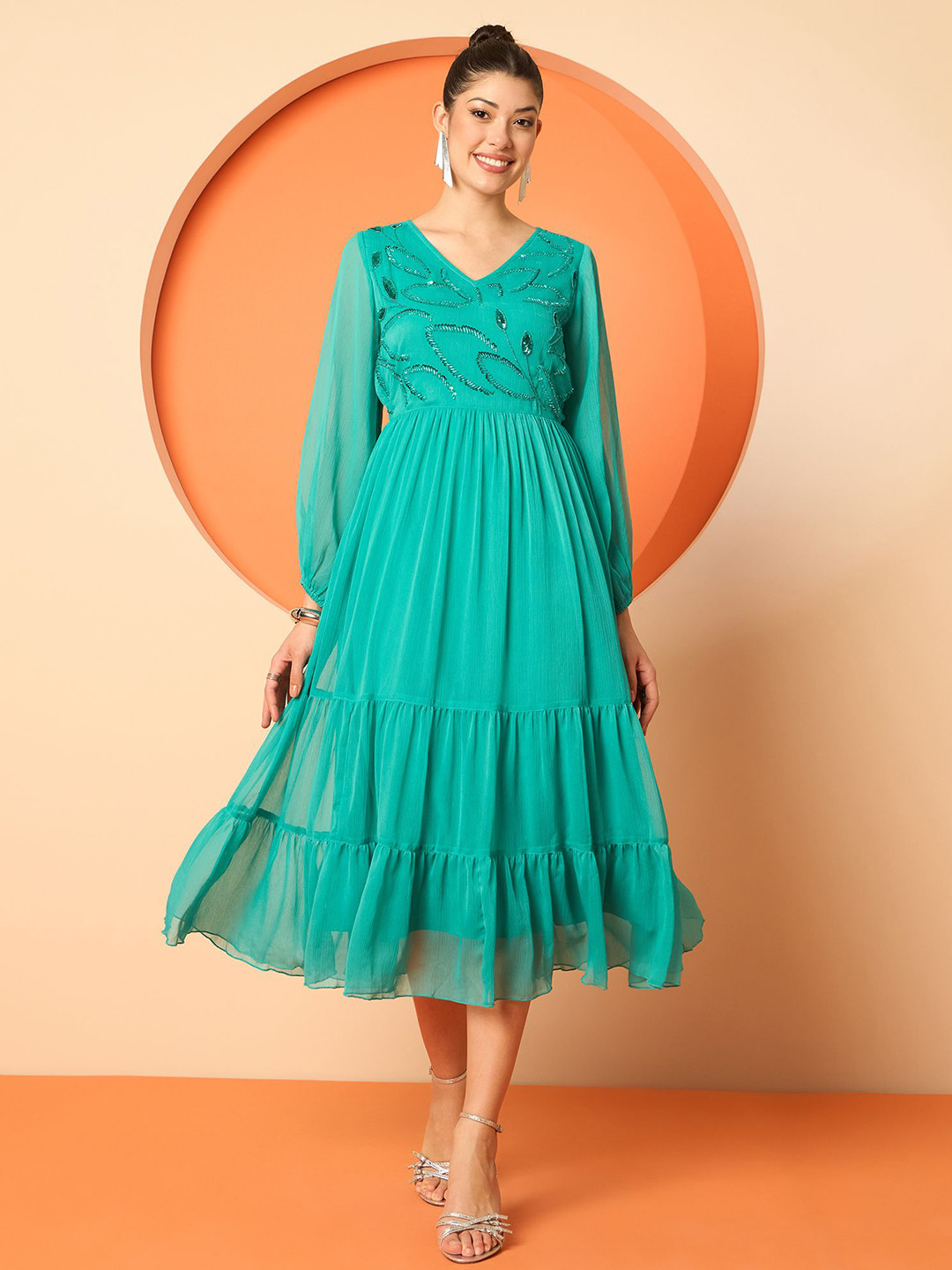 Antheaa Women Solid Embellished Fit & Flare Midi Dress