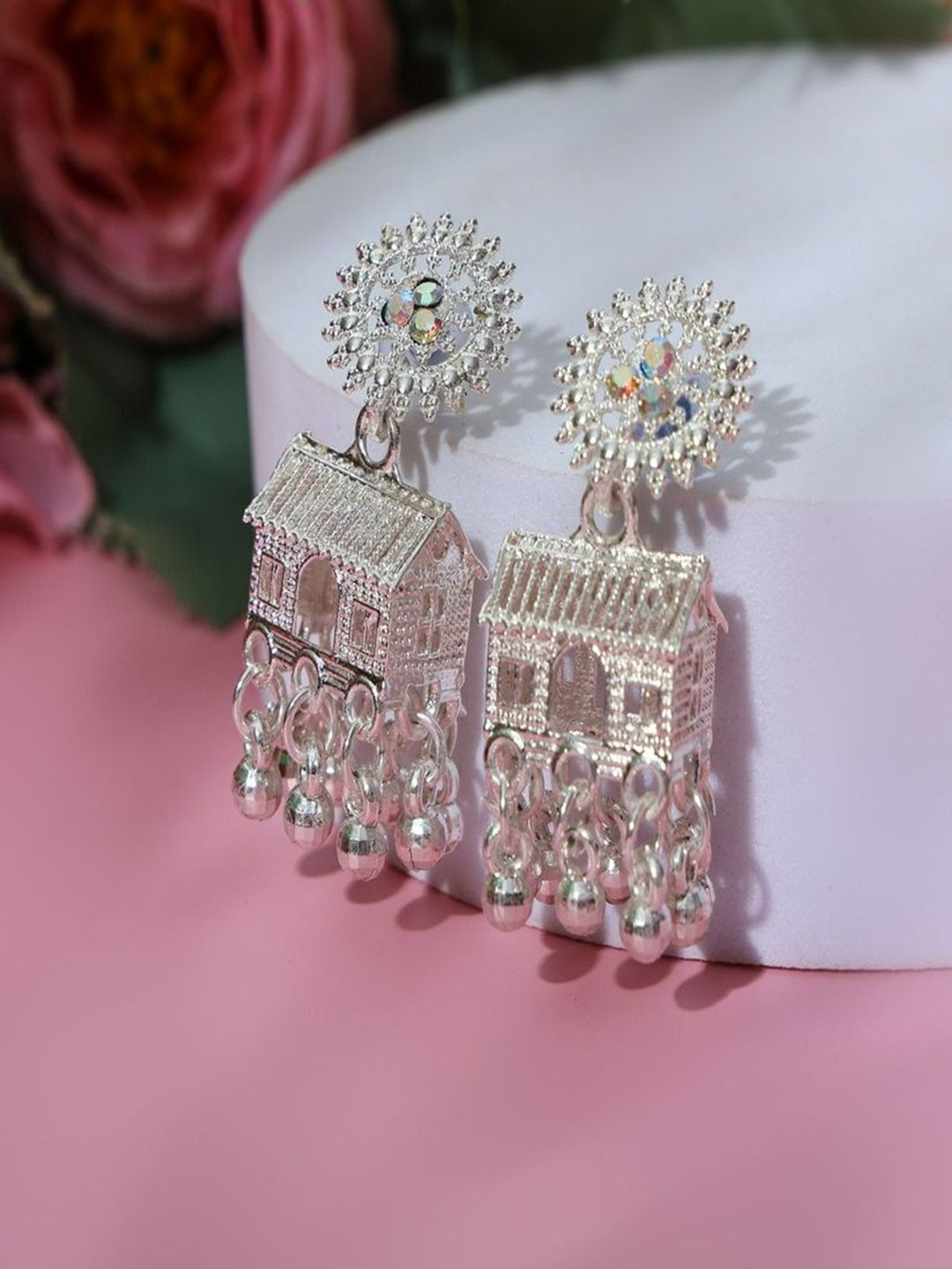 facto Silver-Plated Stones Studded And Ghungroo Beaded Contemporary Shaped Jhumkas