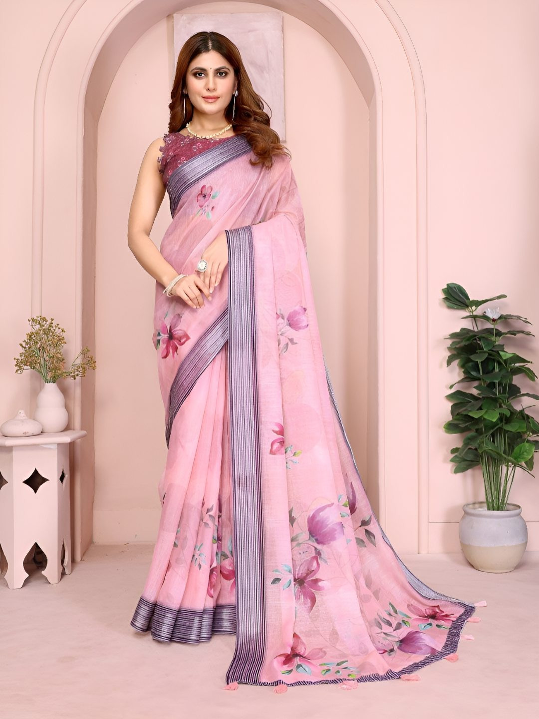 GAYATRI PATEL Floral Print Striped Saree
