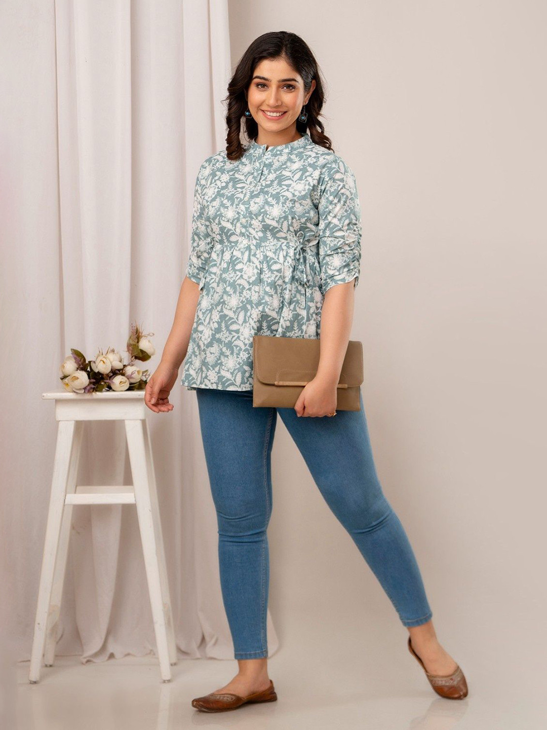 FASHION SWAG Ethnic Motifs Printed Mandarin Collar Cotton Peplum Top