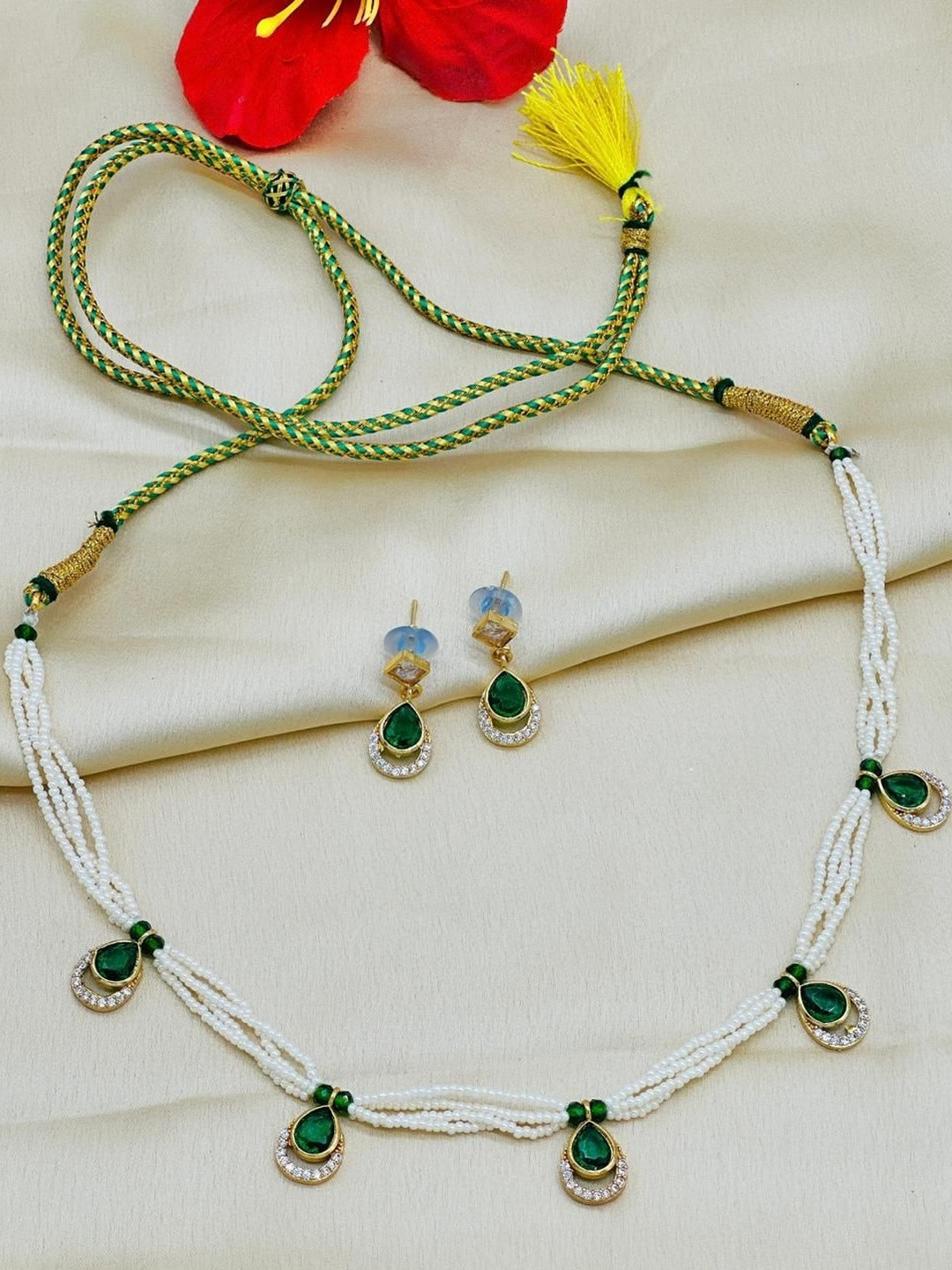 Flying Beads Gold Plated Jodhpuri Kantha With Earrings