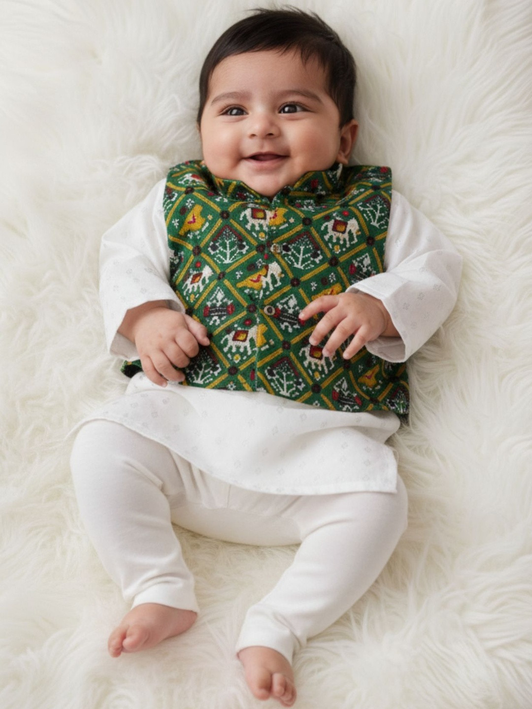 Sangria Boys Pure Silk  Green Patola Bandi Kurta Pyjama Set